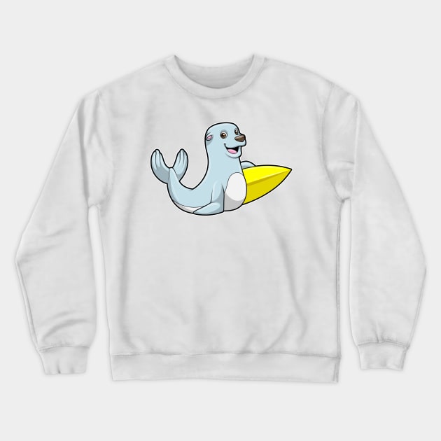 Seal at Surfing with Surfboard Crewneck Sweatshirt by Markus Schnabel